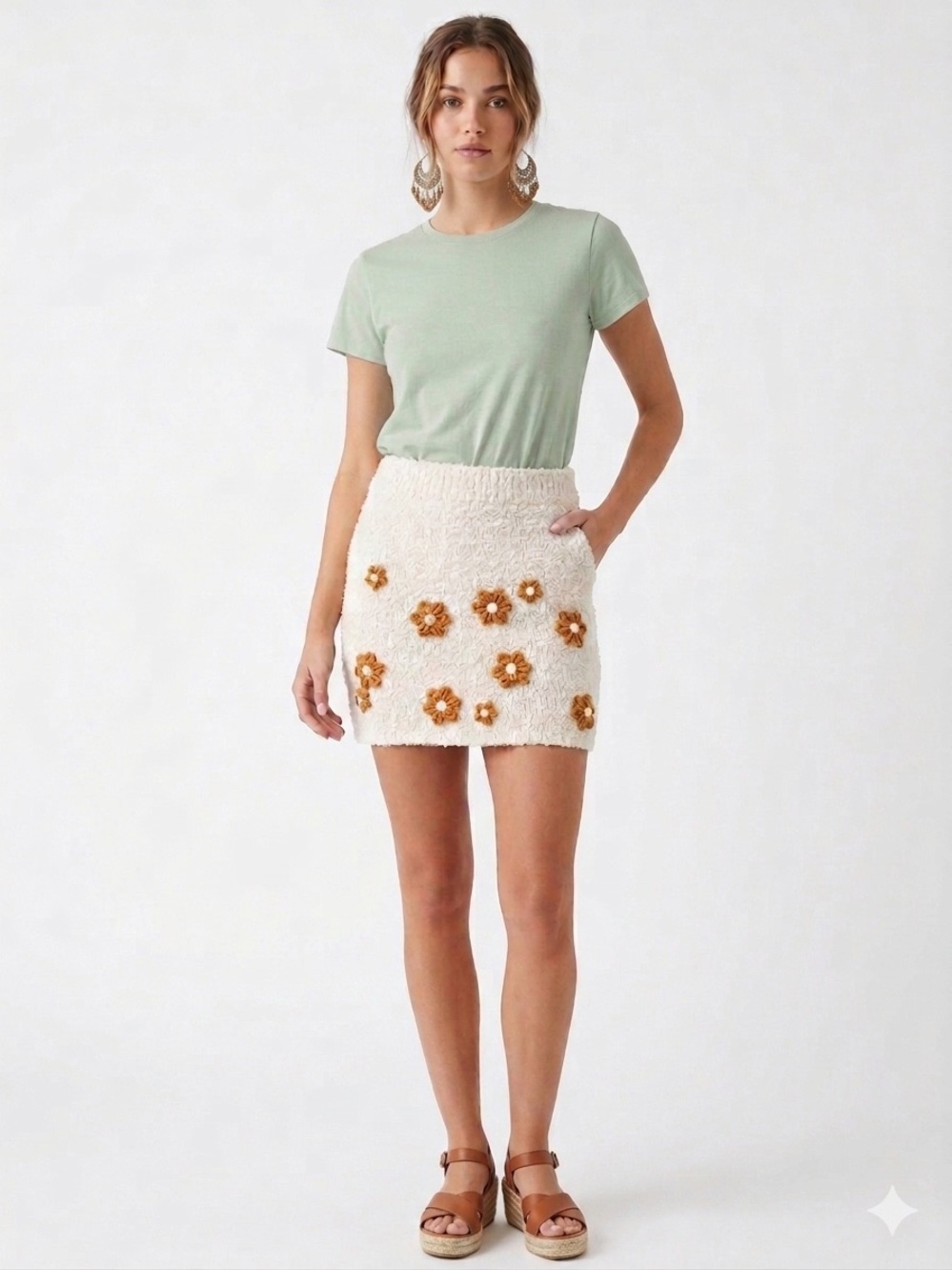 Jacquie The Label Maeve Cream Knit 3D Floral Mini Skirt L